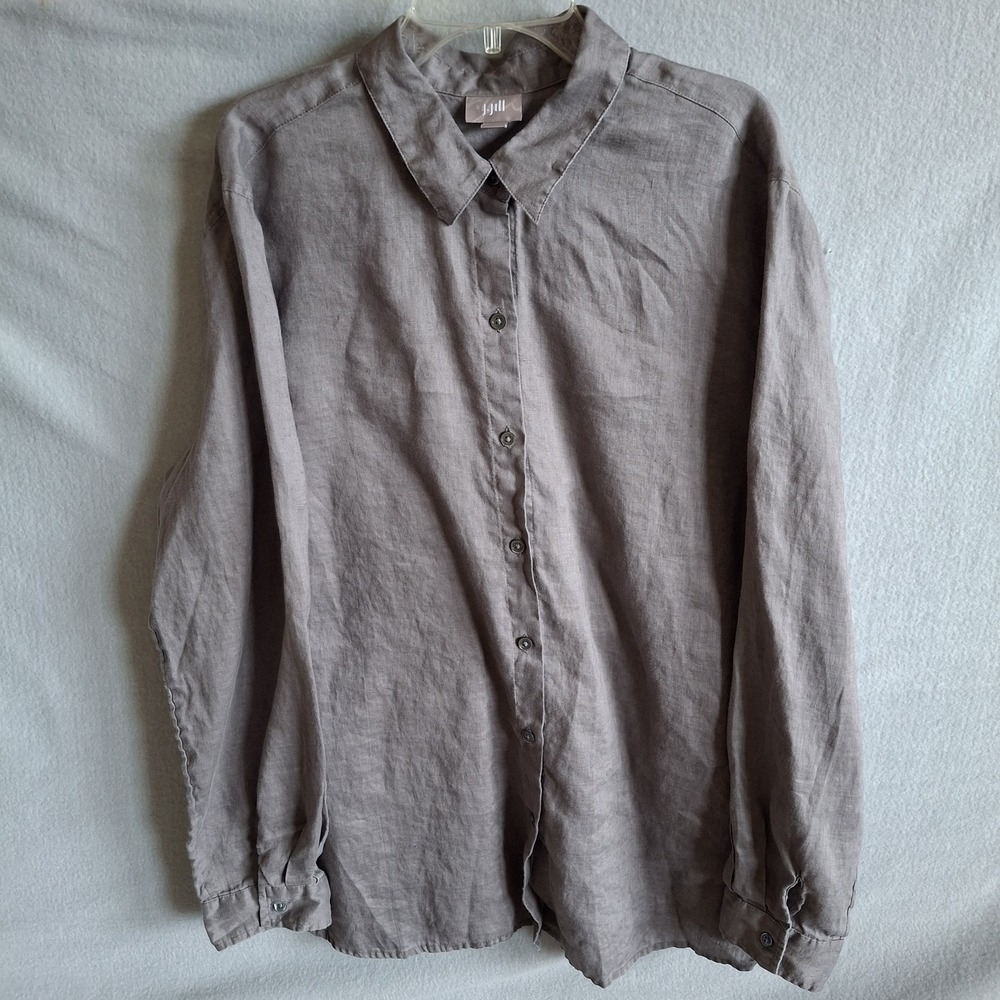 J. Jill 100% Linen Shirt Women Large Taupe Gray Long Sleeve Button Front Blouse